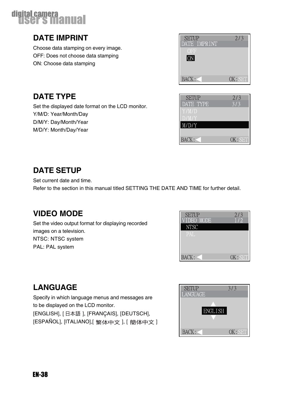 Date imprint, Date type, Date setup | Video mode, Language | Konica Minolta Magicolor 3300 User Manual | Page 38 / 46