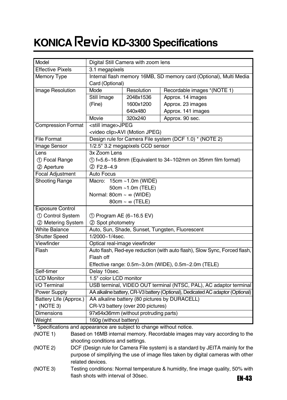 Konica kd-3300 specifications, En-43 | Konica Minolta Magicolor 3300 User Manual | Page 43 / 46