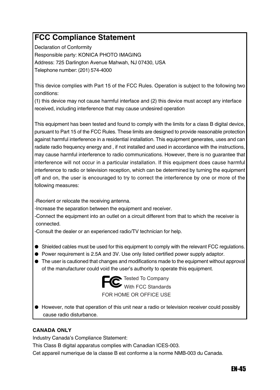 Fcc compliance statement | Konica Minolta Magicolor 3300 User Manual | Page 45 / 46