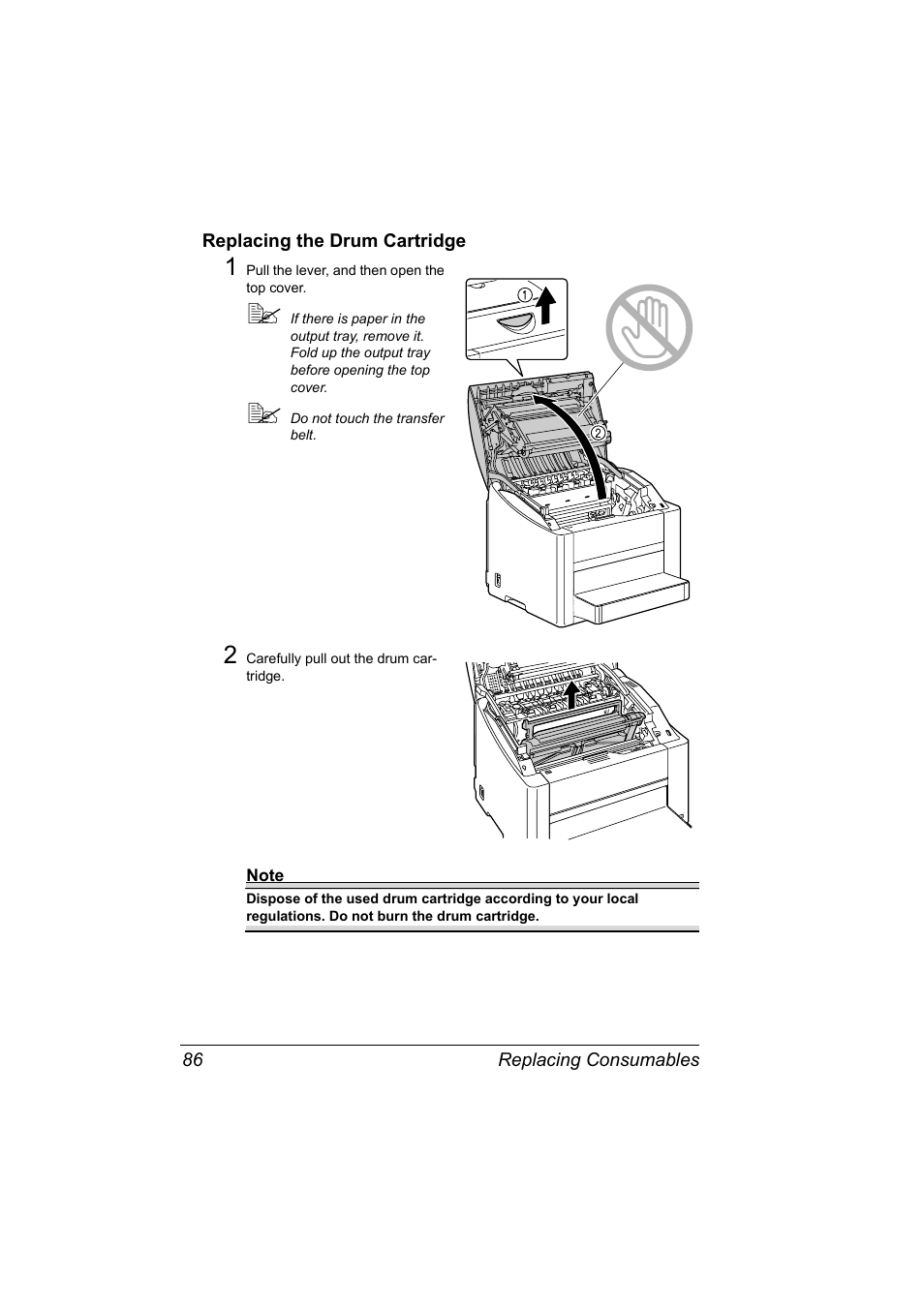 Replacing the drum cartridge, Replacing the drum cartridge 86 | Konica Minolta Magicolor 2450 User Manual | Page 100 / 168