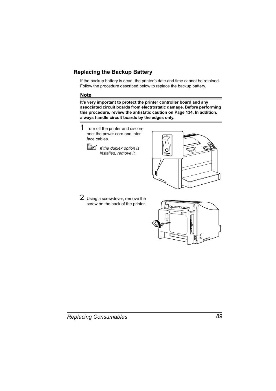 Replacing the backup battery, Replacing the backup battery 89 | Konica Minolta Magicolor 2450 User Manual | Page 103 / 168