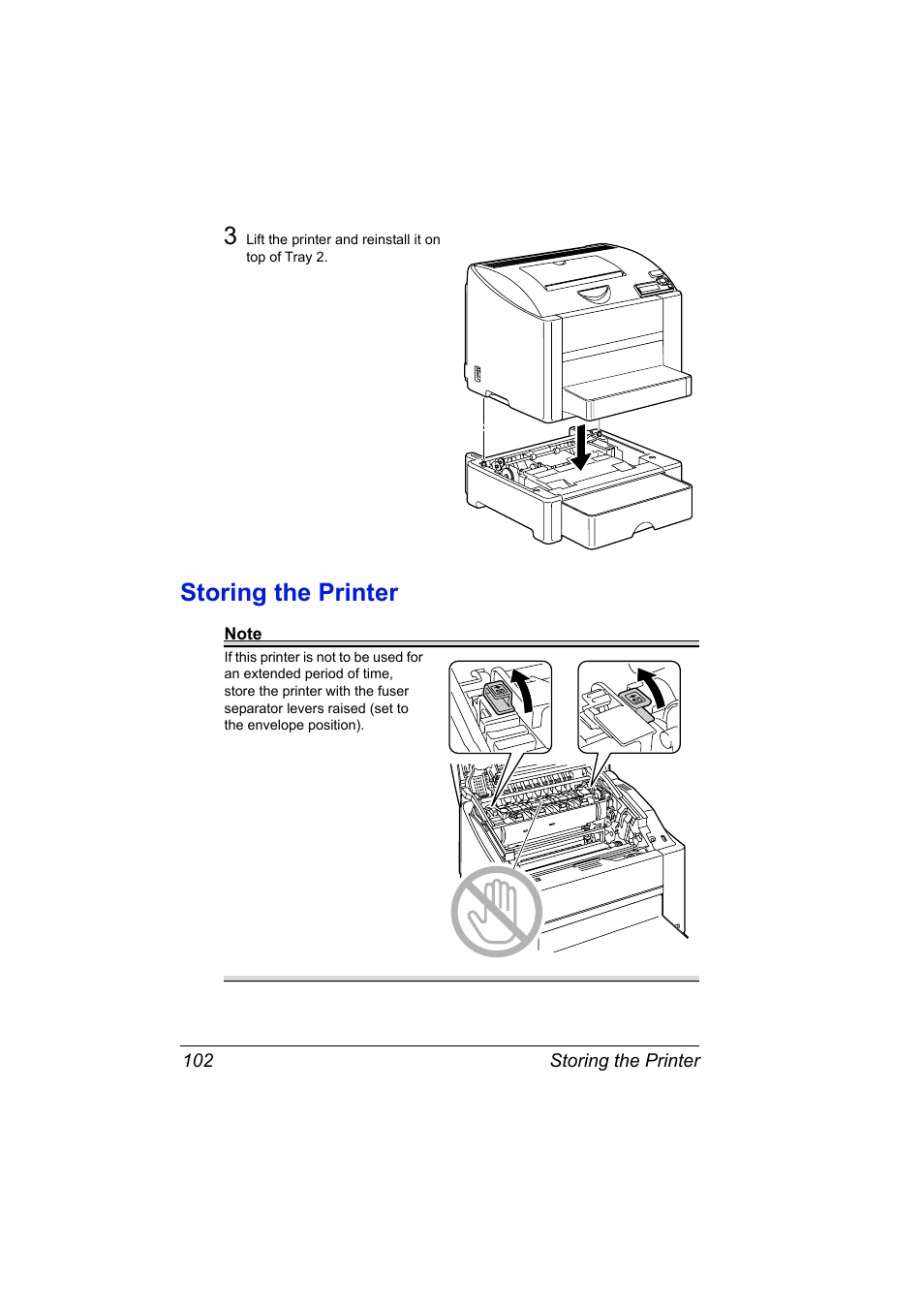 Storing the printer, Storing the printer 102 | Konica Minolta Magicolor 2450 User Manual | Page 116 / 168