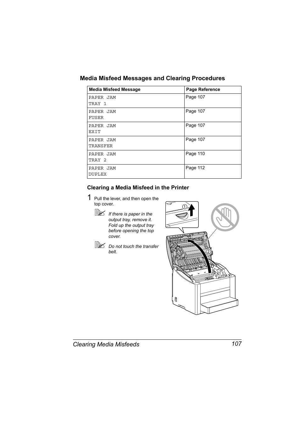 Media misfeed messages and clearing procedures, Clearing a media misfeed in the printer, Media misfeed messages and clearing procedures 107 | Clearing a media misfeed in the printer 107 | Konica Minolta Magicolor 2450 User Manual | Page 121 / 168