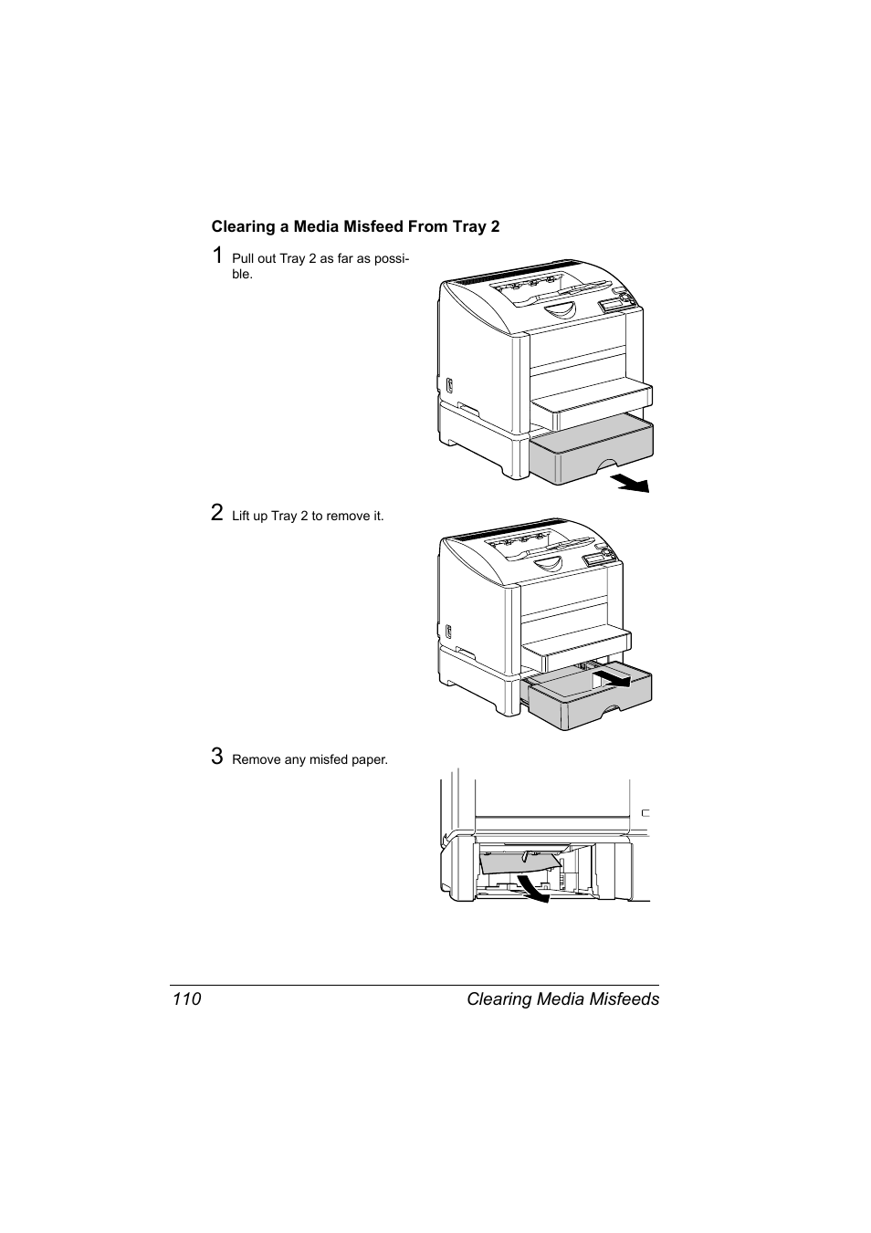 Clearing a media misfeed from tray 2, Clearing a media misfeed from tray 2 110 | Konica Minolta Magicolor 2450 User Manual | Page 124 / 168