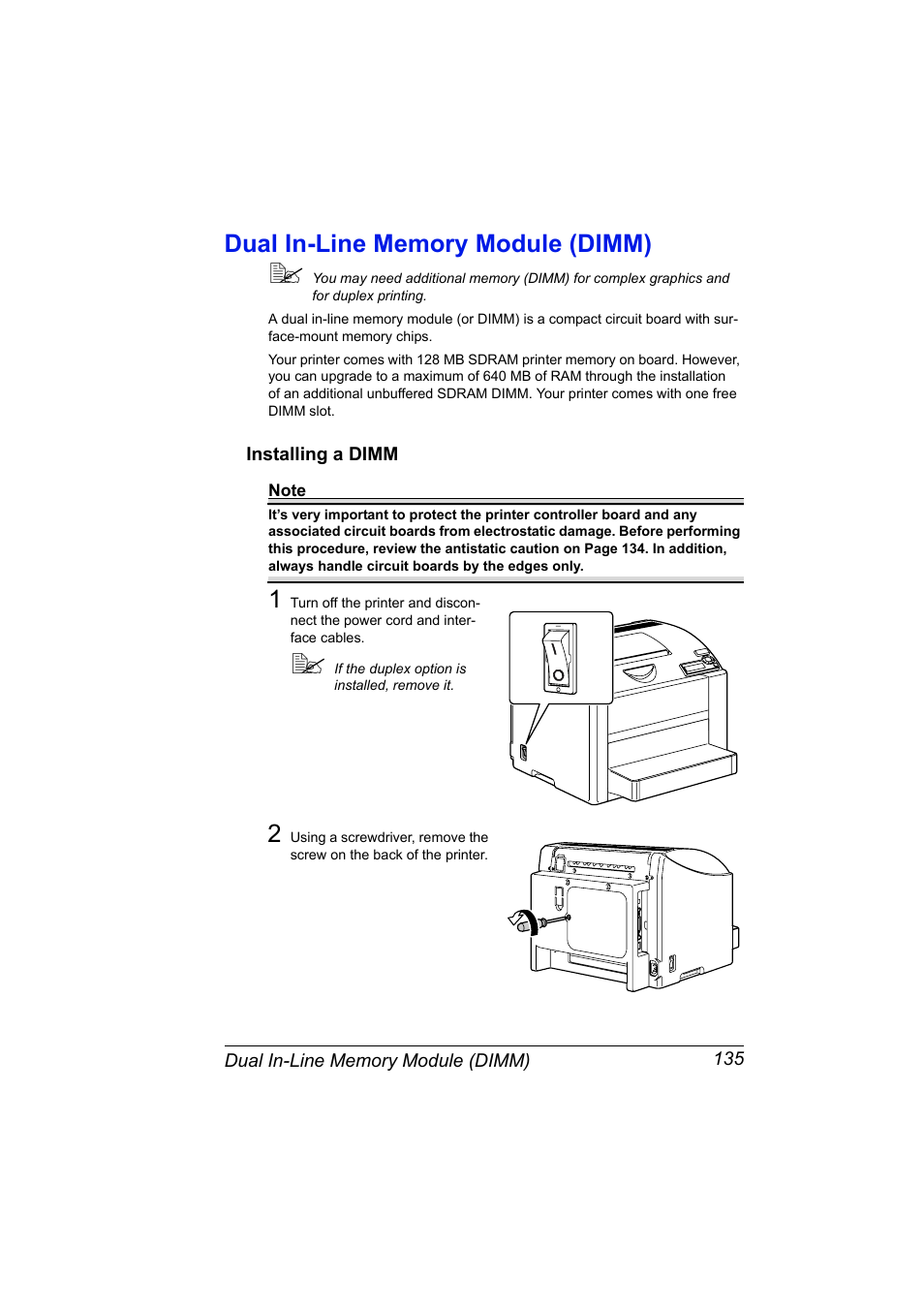 Dual in-line memory module (dimm), Installing a dimm, Dual in-line memory module (dimm) 135 | Installing a dimm 135 | Konica Minolta Magicolor 2450 User Manual | Page 149 / 168