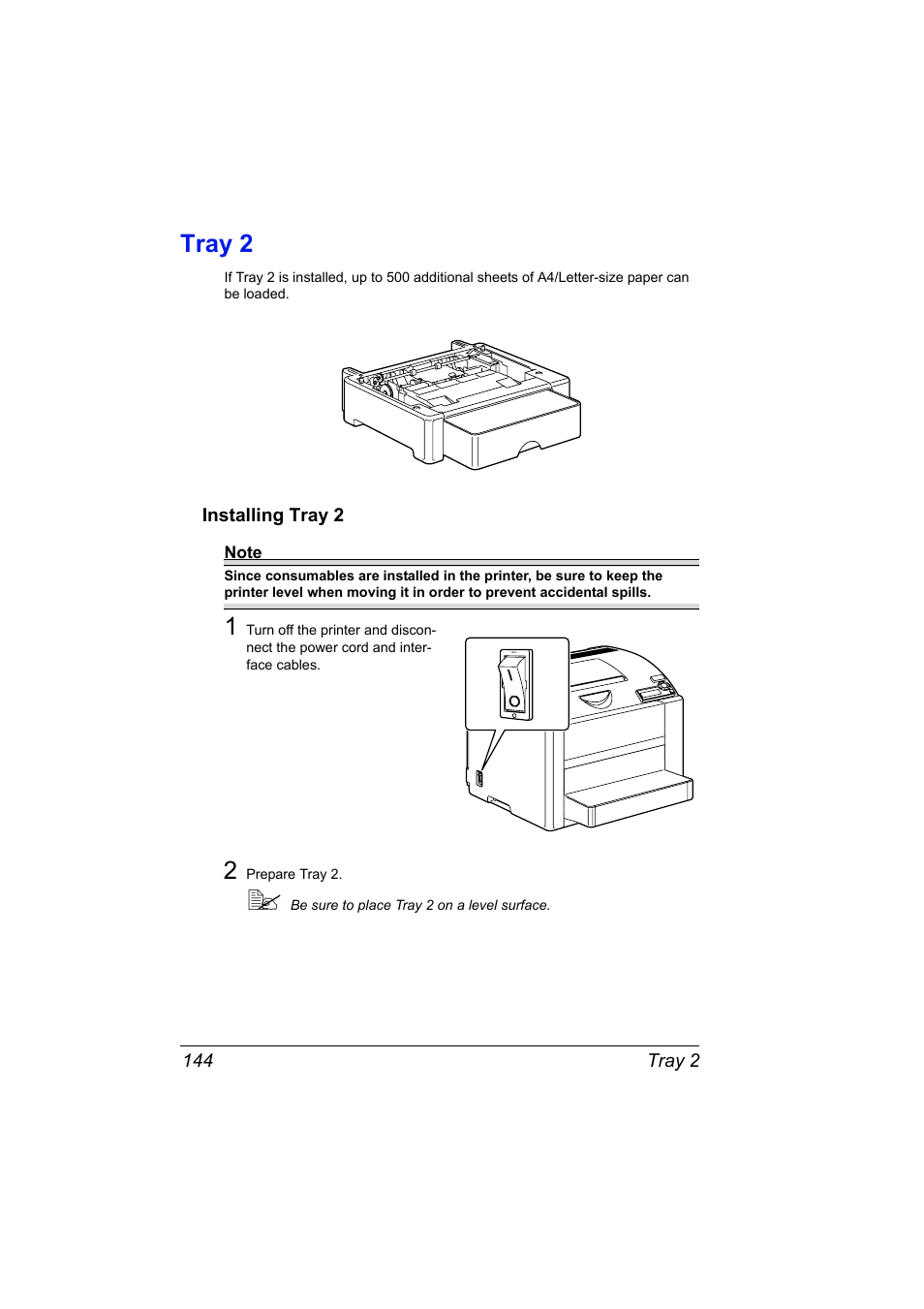 Tray 2, Installing tray 2, Tray 2 144 | Installing tray 2 144 | Konica Minolta Magicolor 2450 User Manual | Page 158 / 168