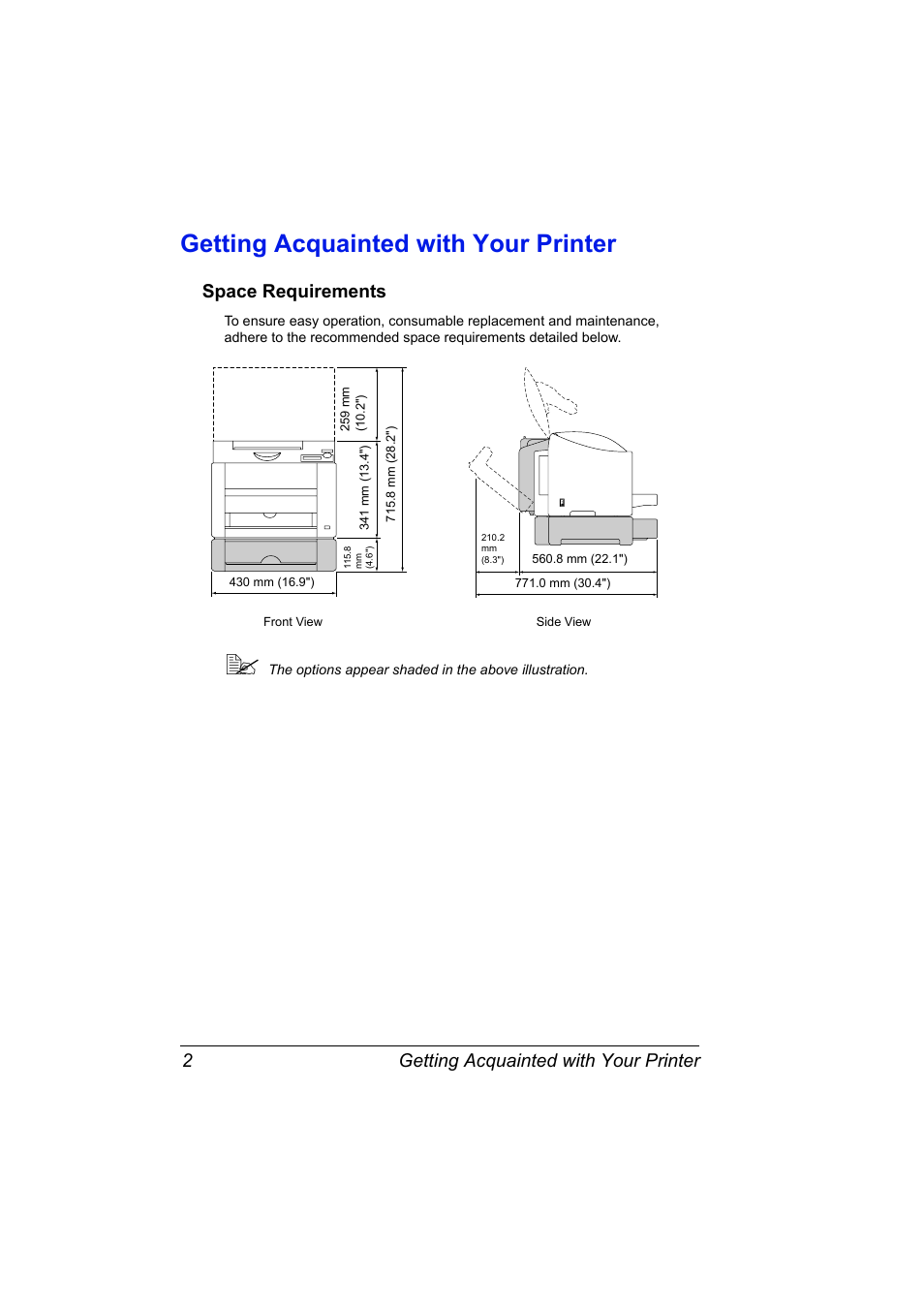 Getting acquainted with your printer, Space requirements, Getting acquainted with your printer 2 | Space requirements 2 | Konica Minolta Magicolor 2450 User Manual | Page 16 / 168