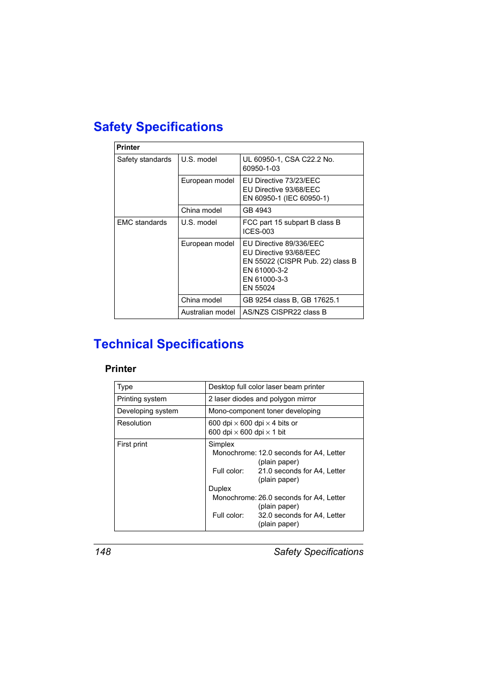 Safety specifications, Technical specifications, Printer | Printer 148, Safety specifications technical specifications, Safety specifications 148 | Konica Minolta Magicolor 2450 User Manual | Page 162 / 168