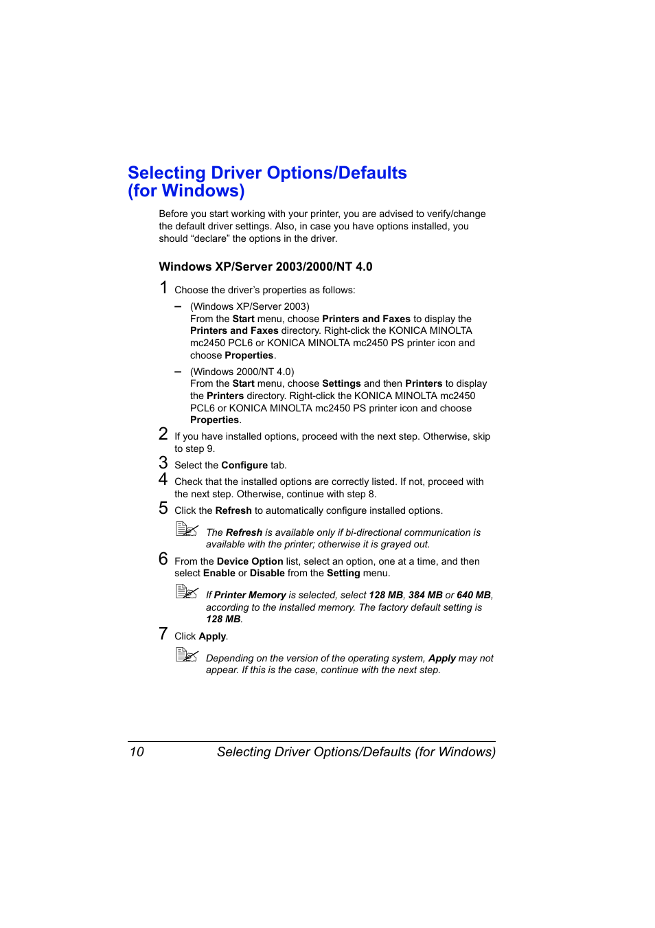 Selecting driver options/defaults (for windows), Windows xp/server 2003/2000/nt 4.0, Selecting driver options/defaults (for windows) 10 | Windows xp/server 2003/2000/nt 4.0 10 | Konica Minolta Magicolor 2450 User Manual | Page 24 / 168