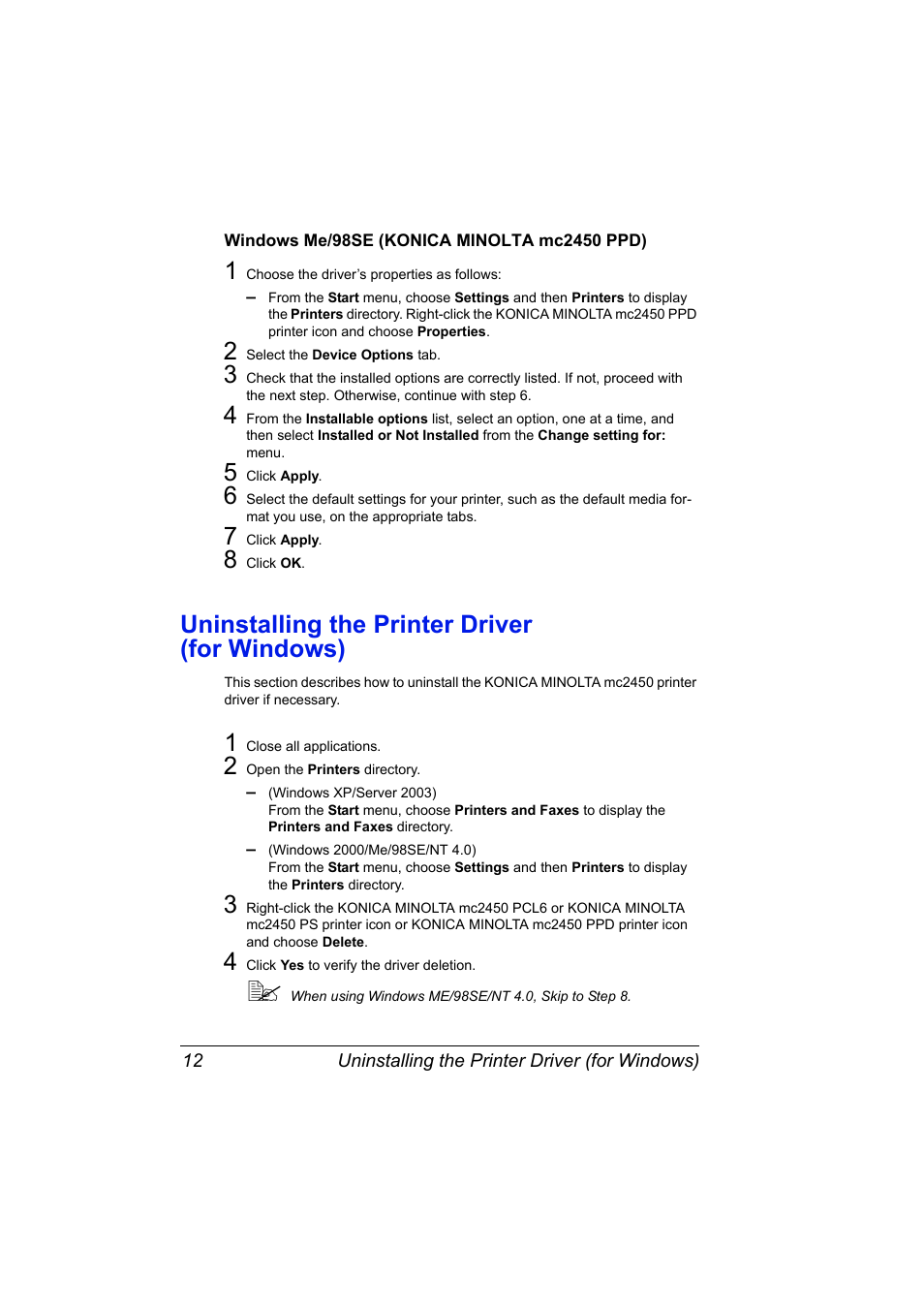 Windows me/98se (konica minolta mc2450 ppd), Uninstalling the printer driver (for windows), Windows me/98se (konica minolta mc2450 ppd) 12 | Uninstalling the printer driver (for windows) 12 | Konica Minolta Magicolor 2450 User Manual | Page 26 / 168