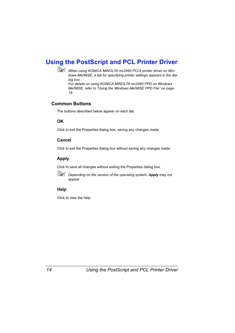 Using the postscript and pcl printer driver, Common buttons, Cancel | Apply, Help, Using the postscript and pcl printer driver 14, Common buttons 14, Ok 14 cancel 14 apply 14 help 14 | Konica Minolta Magicolor 2450 User Manual | Page 28 / 168