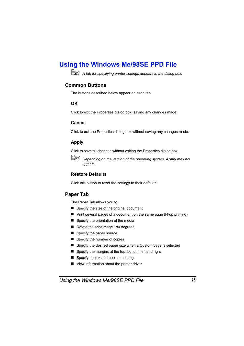 Using the windows me/98se ppd file, Common buttons, Cancel | Apply, Restore defaults, Paper tab, Using the windows me/98se ppd file 19, Common buttons 19, Ok 19 cancel 19 apply 19 restore defaults 19, Paper tab 19 | Konica Minolta Magicolor 2450 User Manual | Page 33 / 168