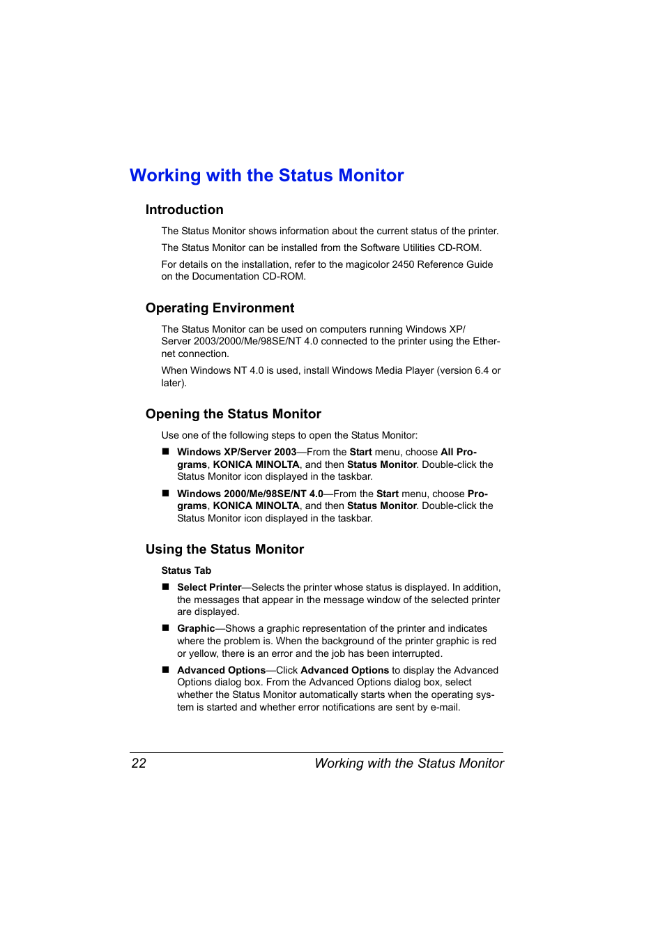 Working with the status monitor, Introduction, Operating environment | Opening the status monitor, Using the status monitor, Working with the status monitor 22 | Konica Minolta Magicolor 2450 User Manual | Page 36 / 168