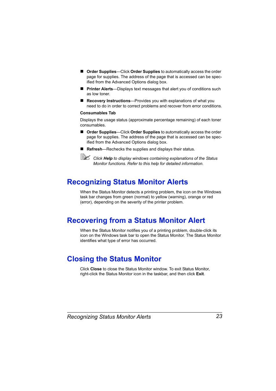 Recognizing status monitor alerts, Recovering from a status monitor alert, Closing the status monitor | Konica Minolta Magicolor 2450 User Manual | Page 37 / 168