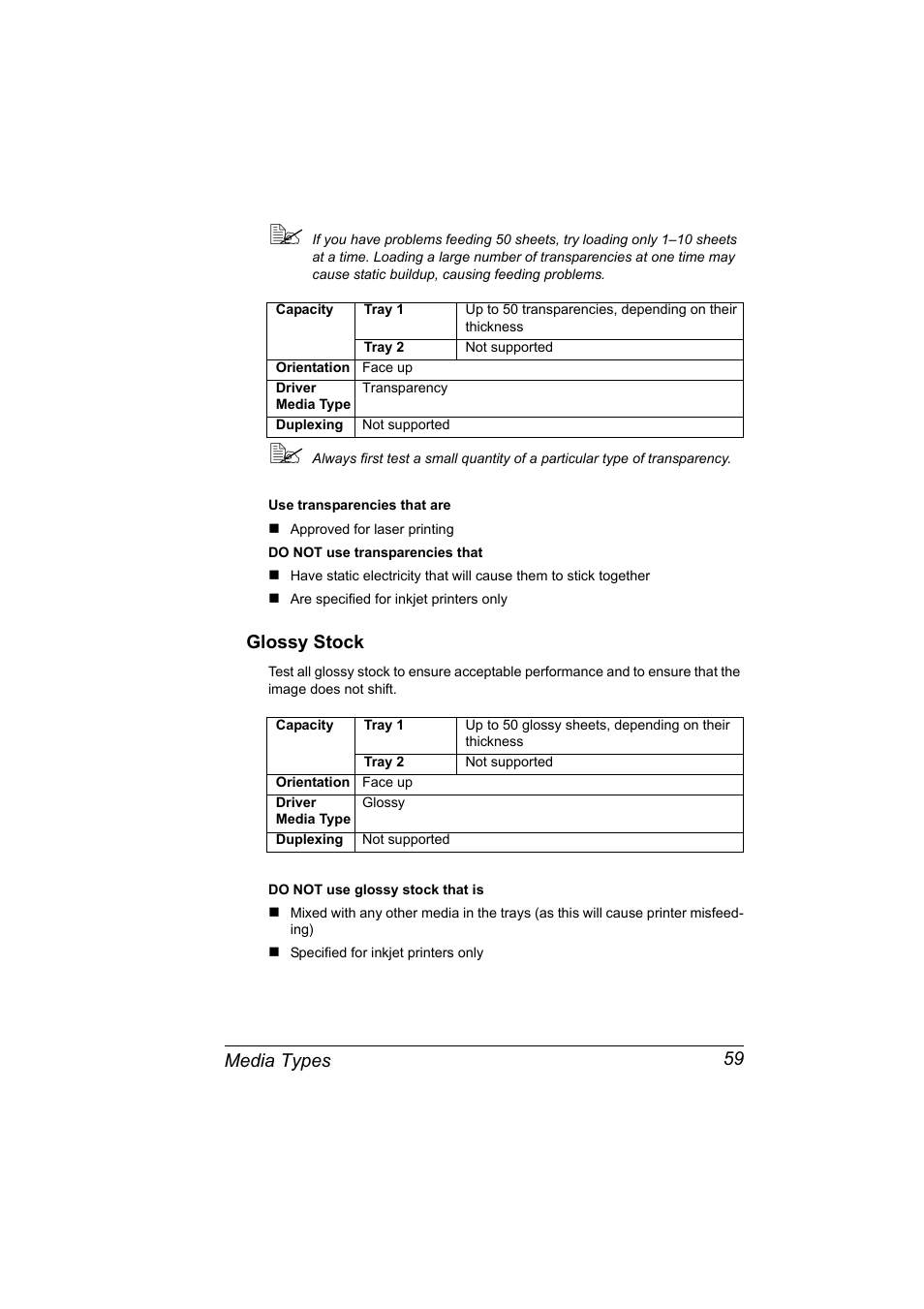 Glossy stock, Glossy stock 59, Media types 59 | Konica Minolta Magicolor 2450 User Manual | Page 73 / 168