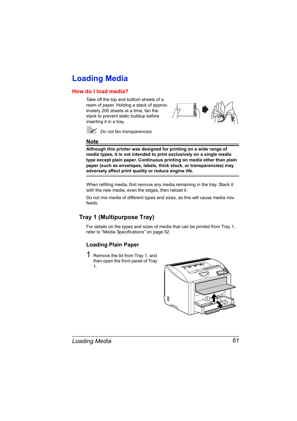 Loading media, Tray 1 (multipurpose tray), Loading plain paper | Loading media 61, Tray 1 (multipurpose tray) 61, Loading plain paper 61 | Konica Minolta Magicolor 2450 User Manual | Page 75 / 168