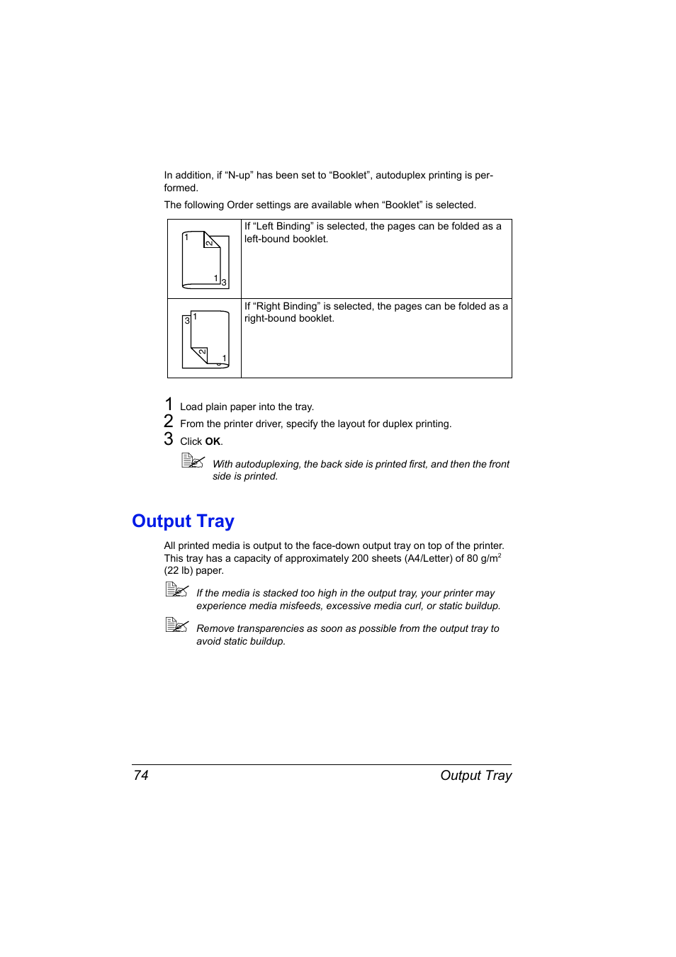 Output tray, Output tray 74 | Konica Minolta Magicolor 2450 User Manual | Page 88 / 168