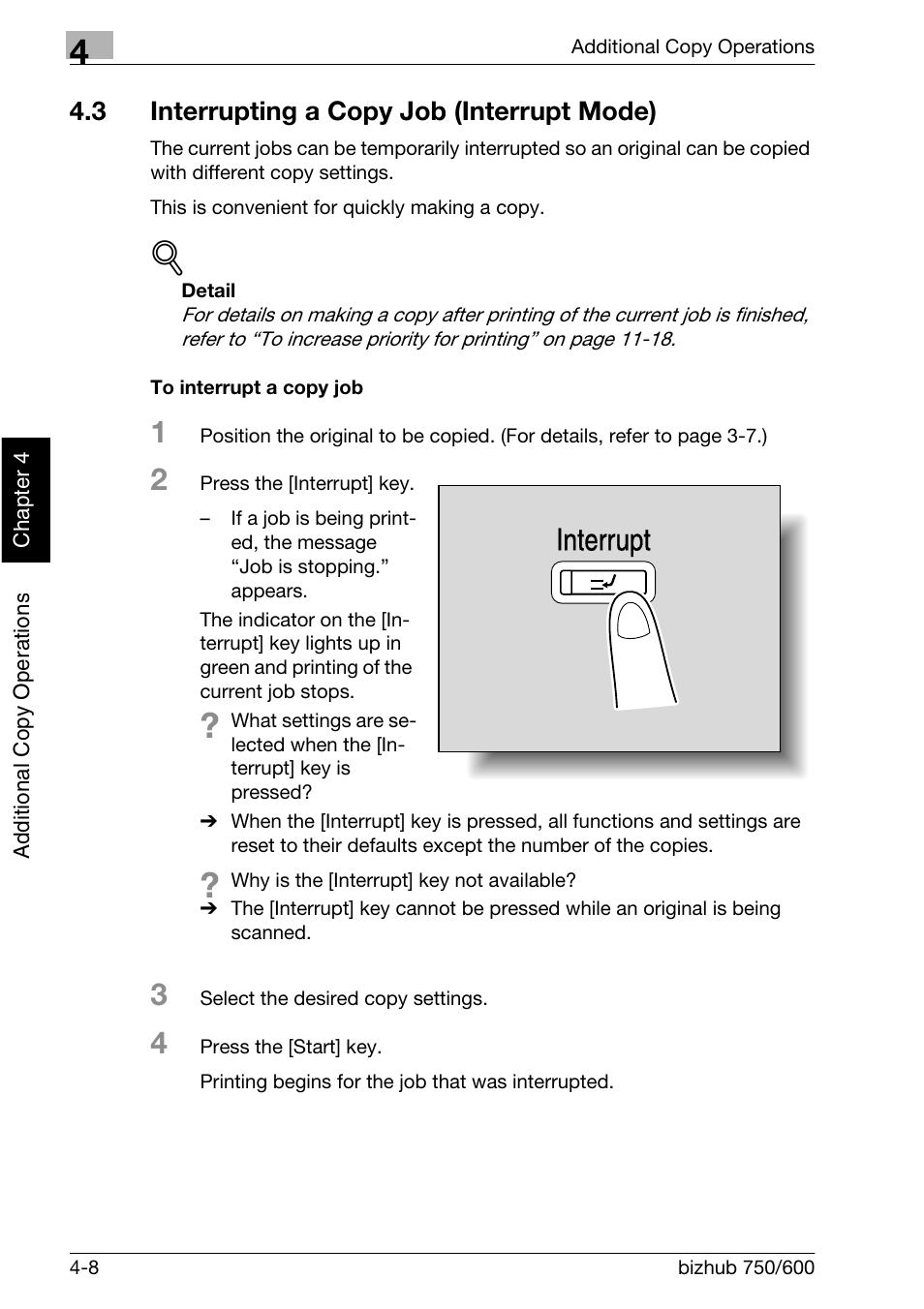 3 interrupting a copy job (interrupt mode), Interrupt | Konica Minolta bizhub 750 User Manual | Page 183 / 526