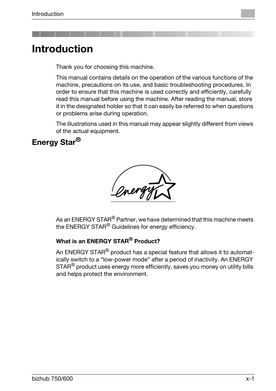 Introduction, Energy star | Konica Minolta bizhub 750 User Manual | Page 2 / 526