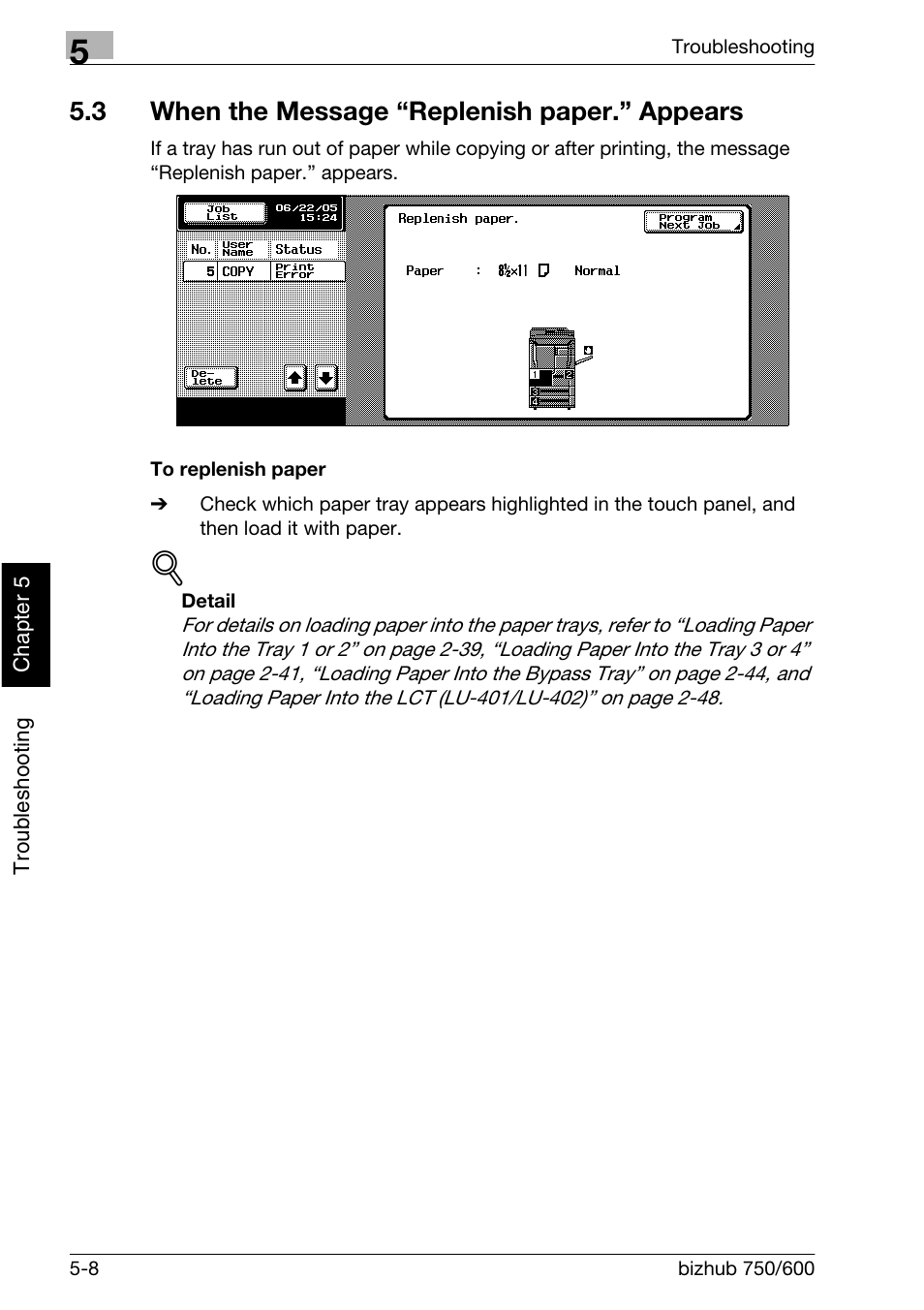 3 when the message "replenish paper." appears, 3 when the message “replenish paper.” appears | Konica Minolta bizhub 750 User Manual | Page 219 / 526