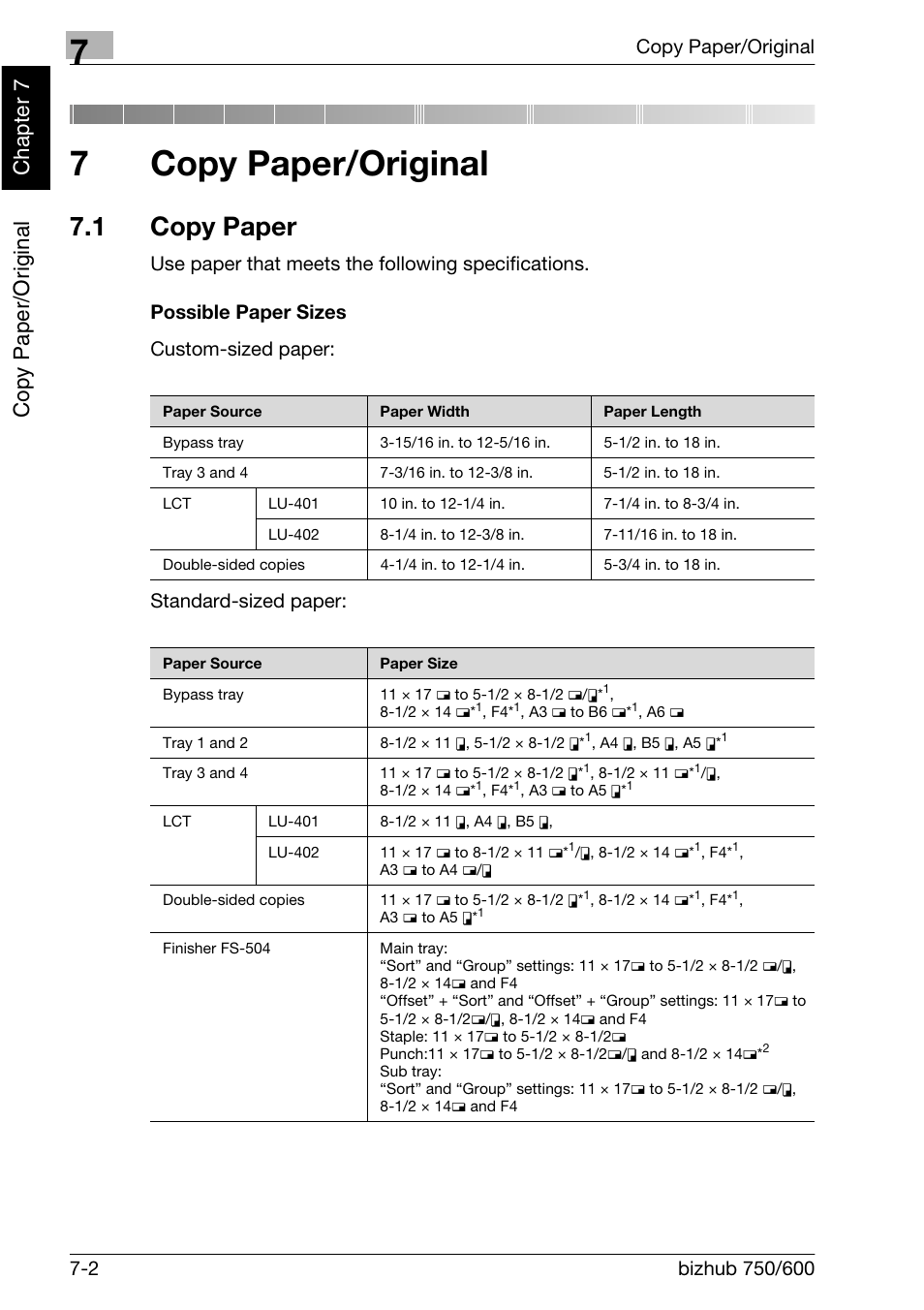 Copy paper/original, 1 copy paper, 7copy paper/original | Copy paper/original chapter 7 | Konica Minolta bizhub 750 User Manual | Page 239 / 526