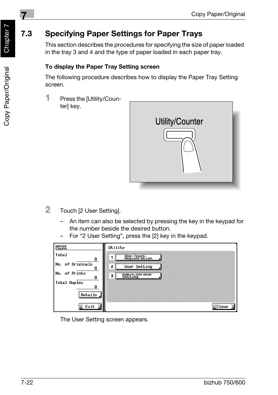 3 specifying paper settings for paper trays, Utility/counter | Konica Minolta bizhub 750 User Manual | Page 259 / 526