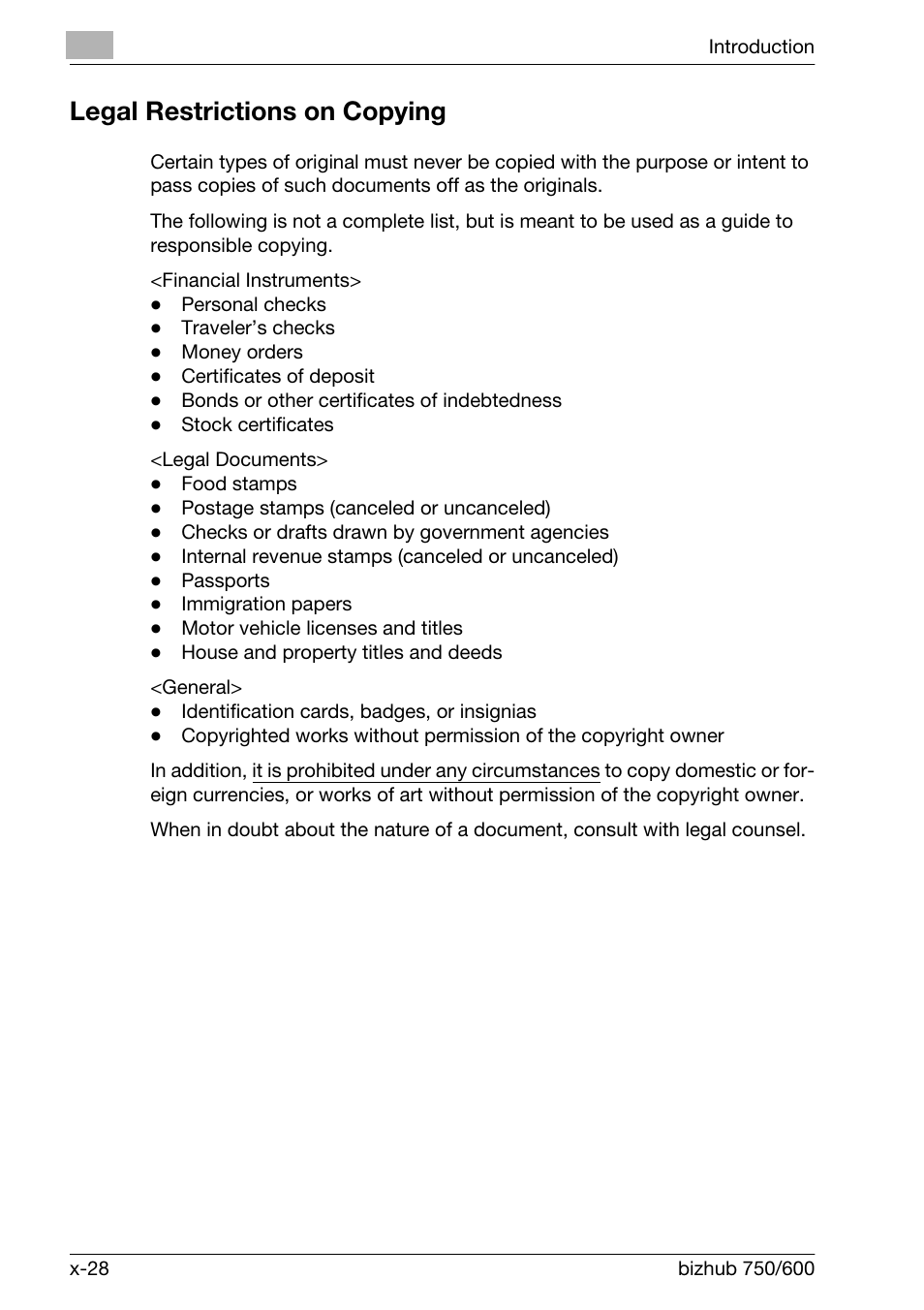 Legal restricitons on copying, Legal restrictions on copying | Konica Minolta bizhub 750 User Manual | Page 29 / 526