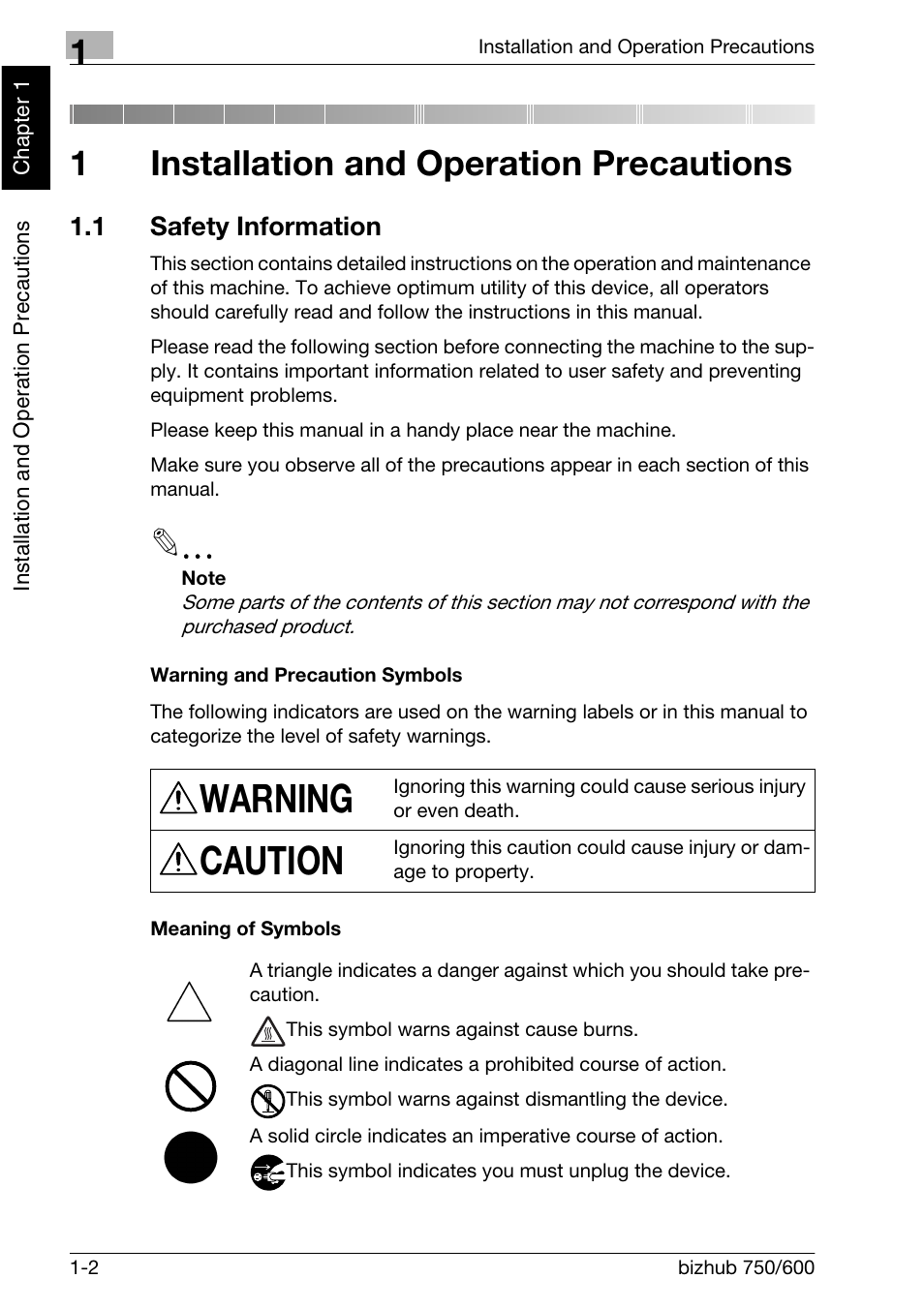 Installation and operation precautions, 1 safety information, Warning | Caution, 1installation and operation precautions | Konica Minolta bizhub 750 User Manual | Page 31 / 526