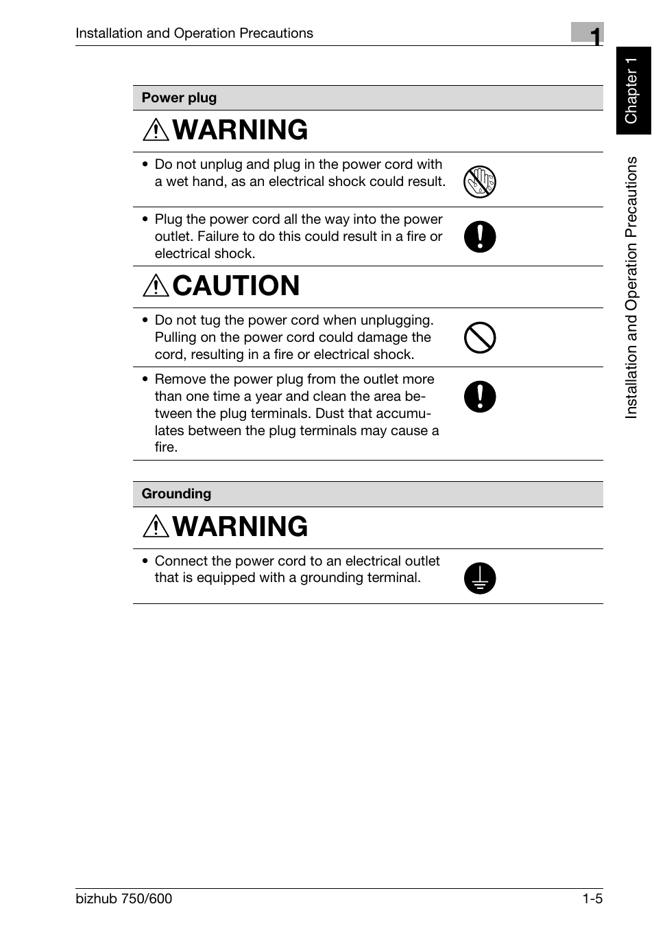 Warning, Caution | Konica Minolta bizhub 750 User Manual | Page 34 / 526