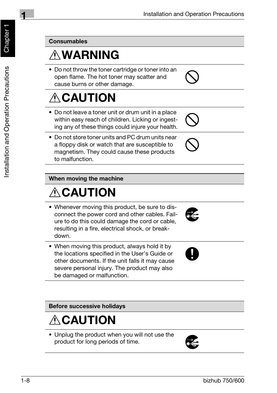 Warning, Caution | Konica Minolta bizhub 750 User Manual | Page 37 / 526