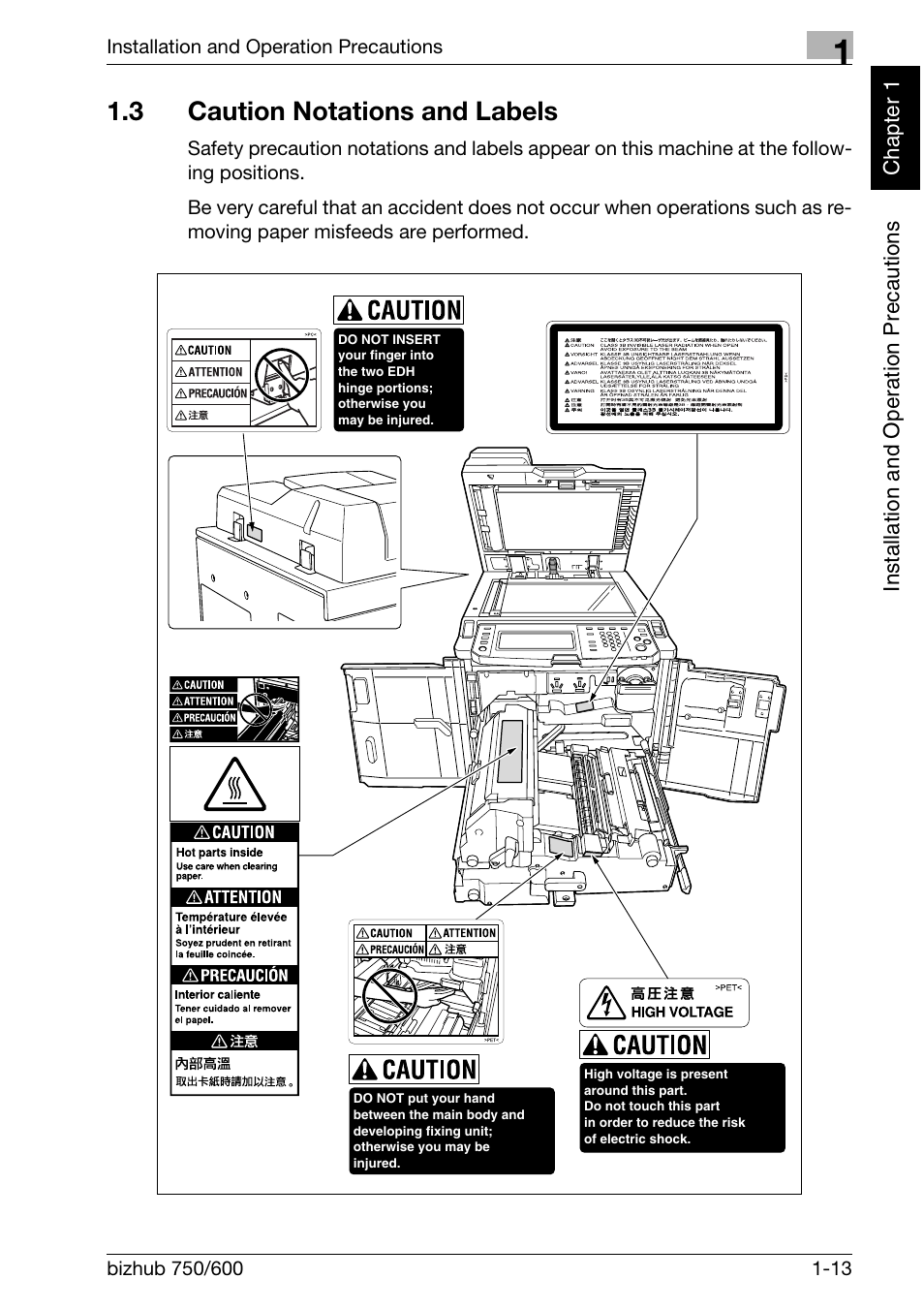 3 caution notations and labels | Konica Minolta bizhub 750 User Manual | Page 42 / 526