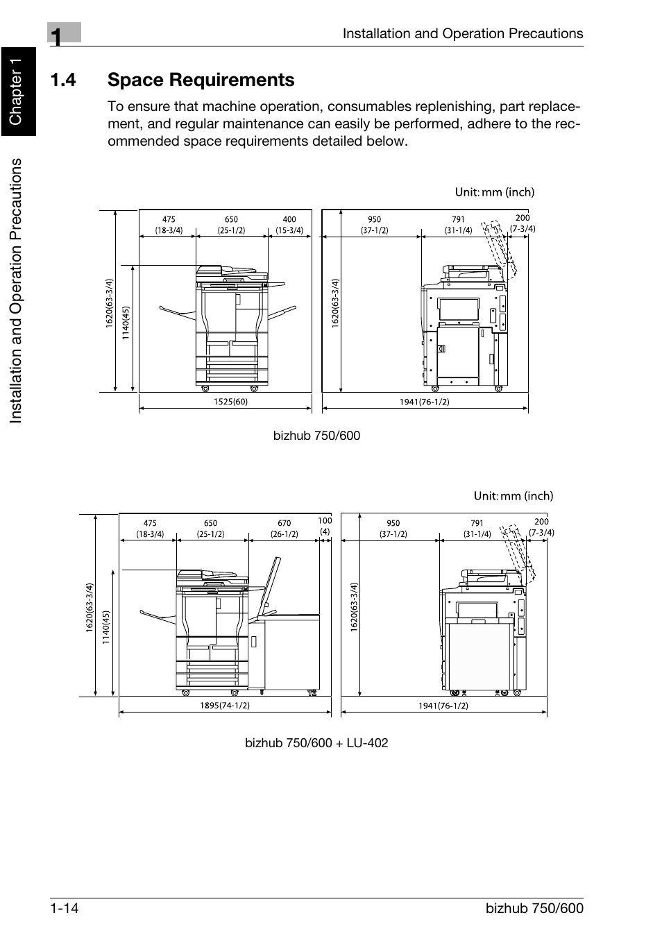 4 space requirements | Konica Minolta bizhub 750 User Manual | Page 43 / 526