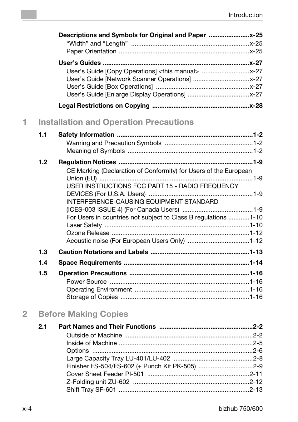 1installation and operation precautions, 2before making copies | Konica Minolta bizhub 750 User Manual | Page 5 / 526