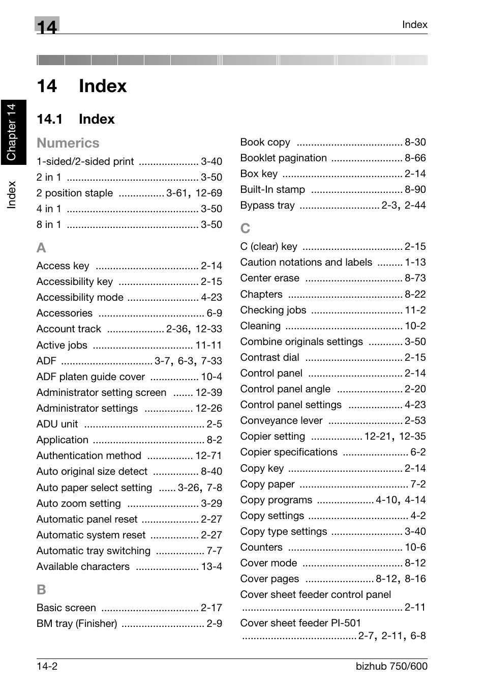 Index, 1 index, 14 index | 1 index numerics | Konica Minolta bizhub 750 User Manual | Page 521 / 526