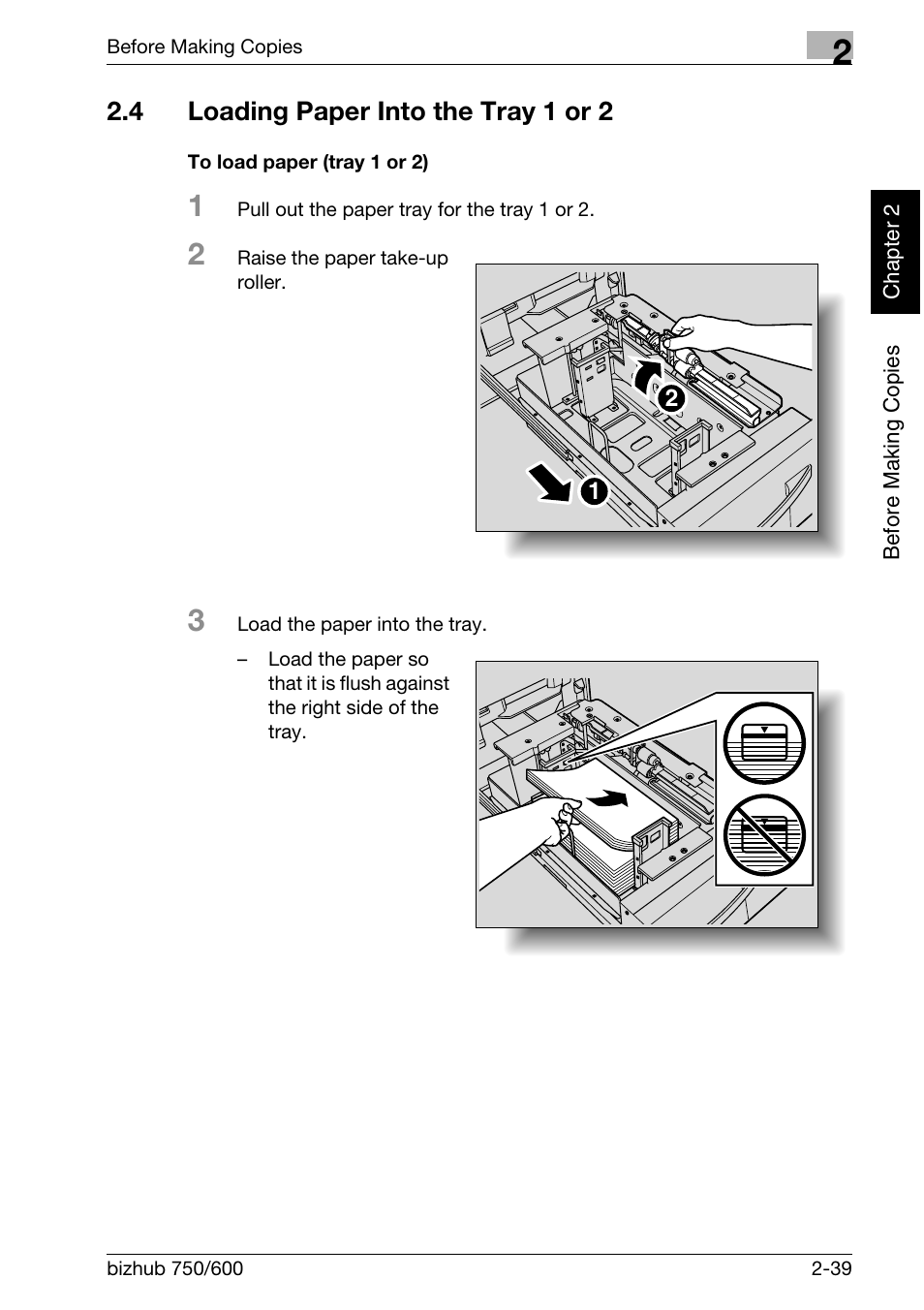 4 loading paper into the tray 1 or 2 | Konica Minolta bizhub 750 User Manual | Page 84 / 526