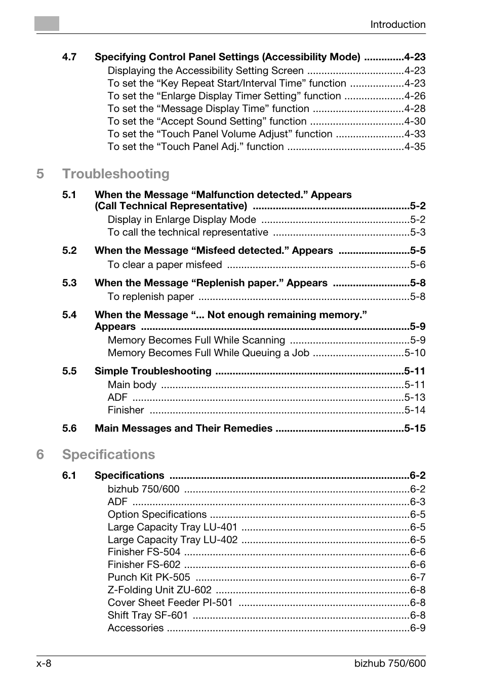 5troubleshooting, 6specifications | Konica Minolta bizhub 750 User Manual | Page 9 / 526