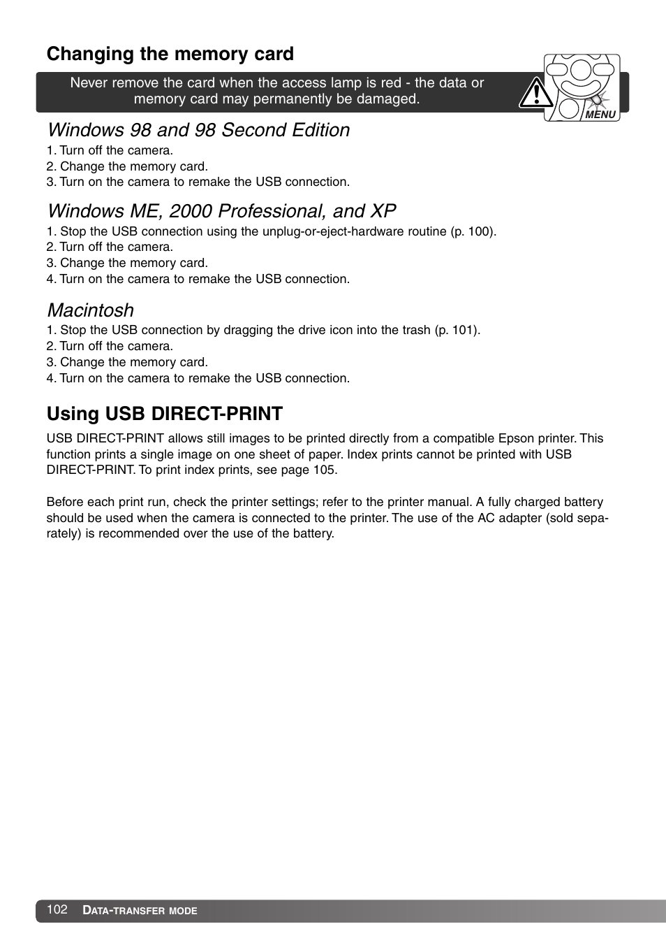 Changing the memory card using usb direct-print, Windows me, 2000 professional, and xp macintosh | Konica Minolta DiMAGE Z1 User Manual | Page 102 / 116
