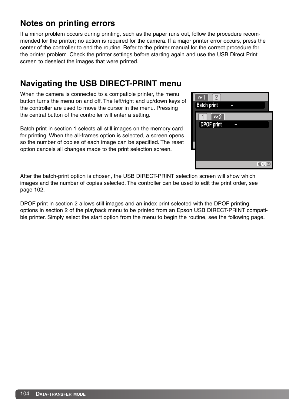 Navigating the usb direct-print menu | Konica Minolta DiMAGE Z1 User Manual | Page 104 / 116