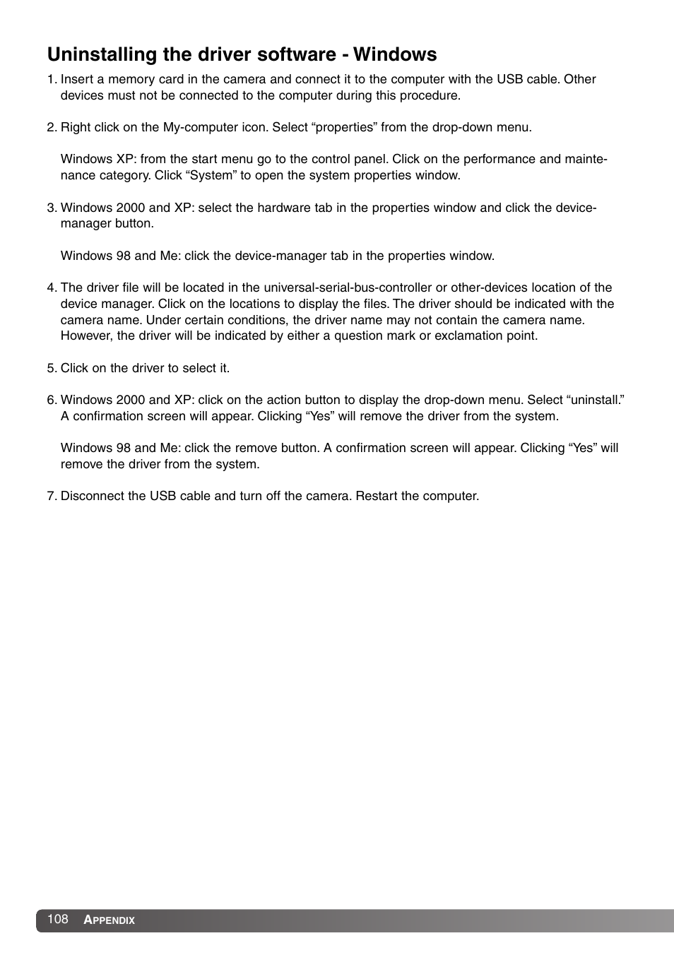Uninstalling the driver software - windows | Konica Minolta DiMAGE Z1 User Manual | Page 108 / 116