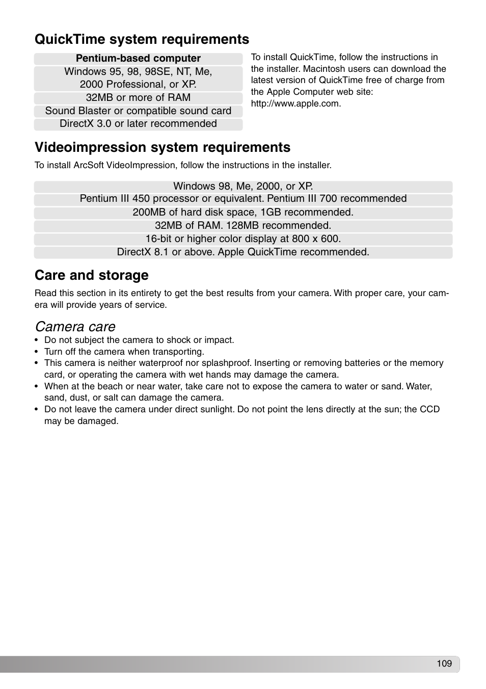 Camera care, Quicktime system requirements, Videoimpression system requirements | Care and storage | Konica Minolta DiMAGE Z1 User Manual | Page 109 / 116