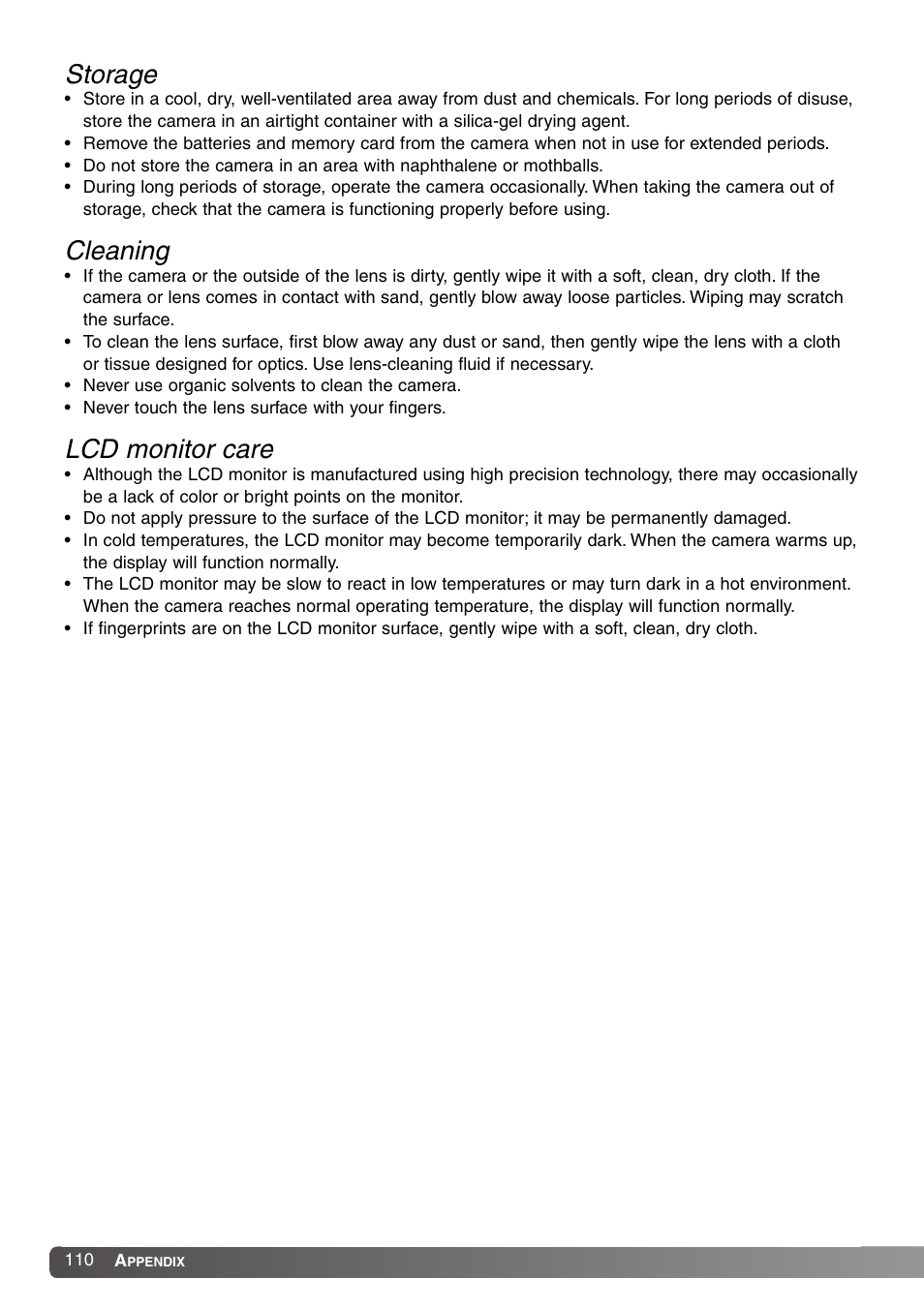 Storage cleaning lcd monitor care, Storage, Cleaning | Lcd monitor care | Konica Minolta DiMAGE Z1 User Manual | Page 110 / 116