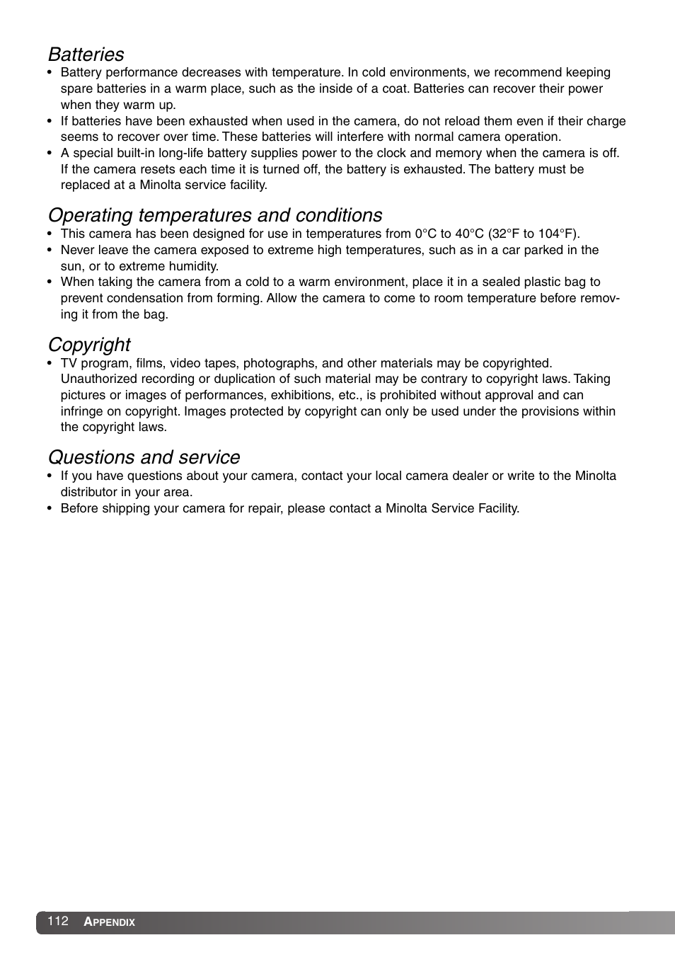 Batteries, Operating temperatures and conditions, Copyright | Questions and service | Konica Minolta DiMAGE Z1 User Manual | Page 112 / 116