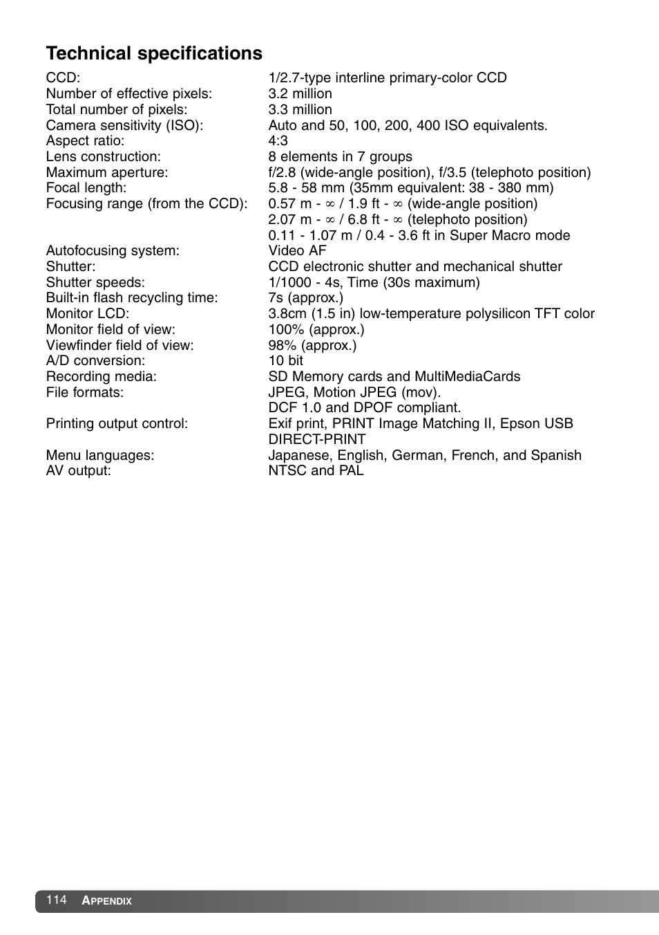 Technical specifications | Konica Minolta DiMAGE Z1 User Manual | Page 114 / 116