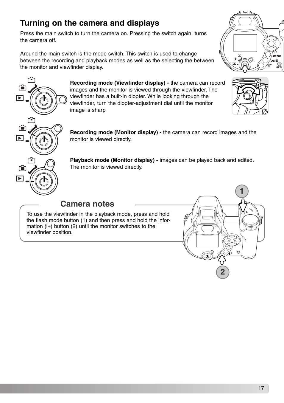 Turning on the camera and displays | Konica Minolta DiMAGE Z1 User Manual | Page 17 / 116