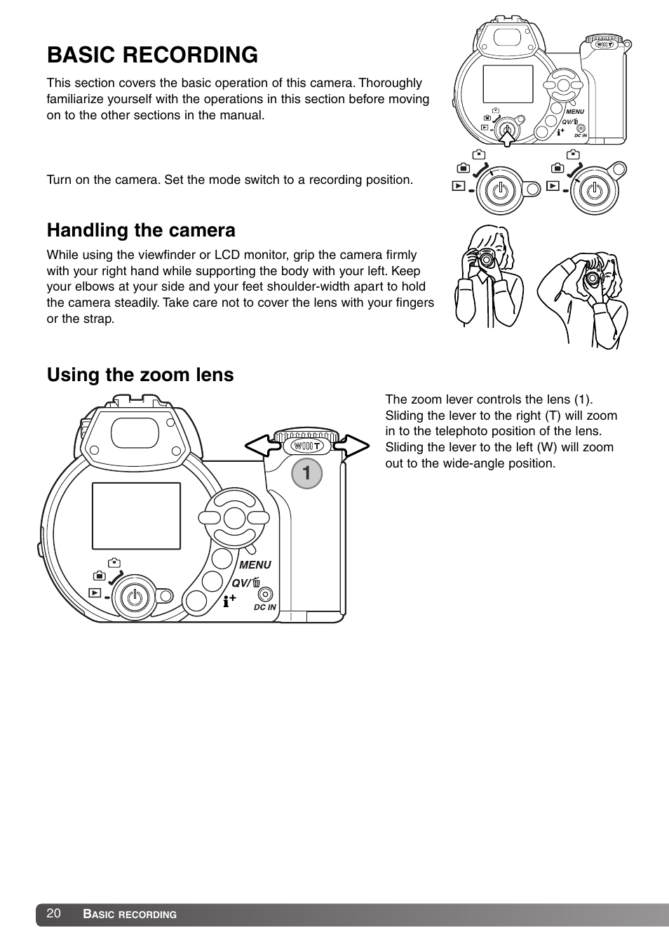 Basic recording, Handling the camera using the zoom lens, Handling the camera | Using the zoom lens | Konica Minolta DiMAGE Z1 User Manual | Page 20 / 116