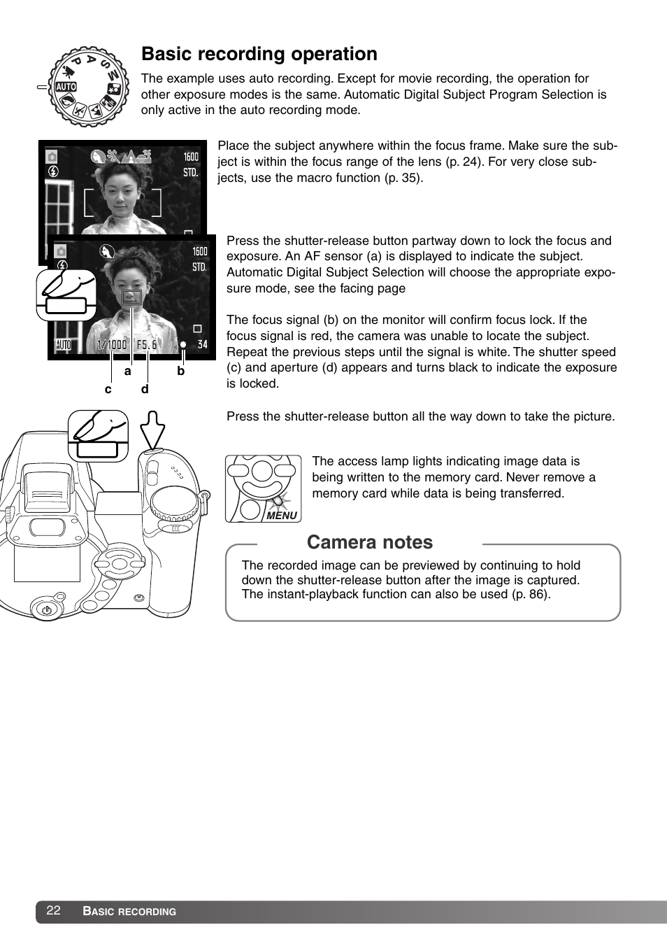 Basic recording operation | Konica Minolta DiMAGE Z1 User Manual | Page 22 / 116