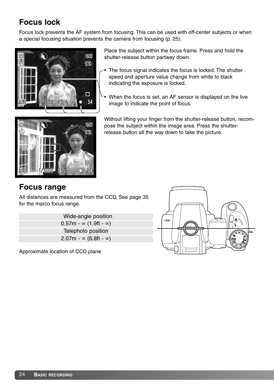 Focus lock focus range, Focus lock, Focus range | Konica Minolta DiMAGE Z1 User Manual | Page 24 / 116