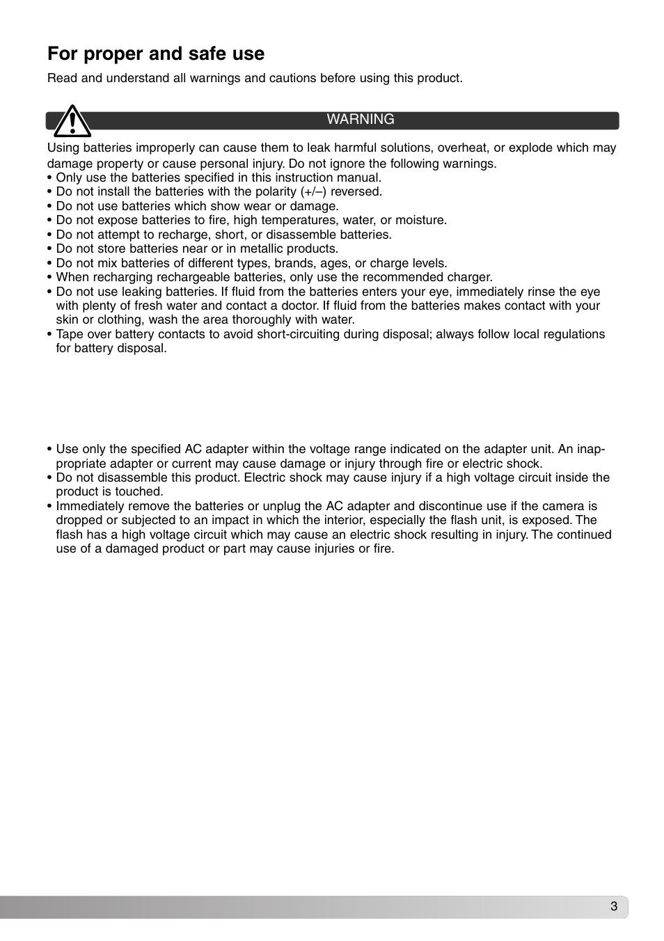 For proper and safe use | Konica Minolta DiMAGE Z1 User Manual | Page 3 / 116