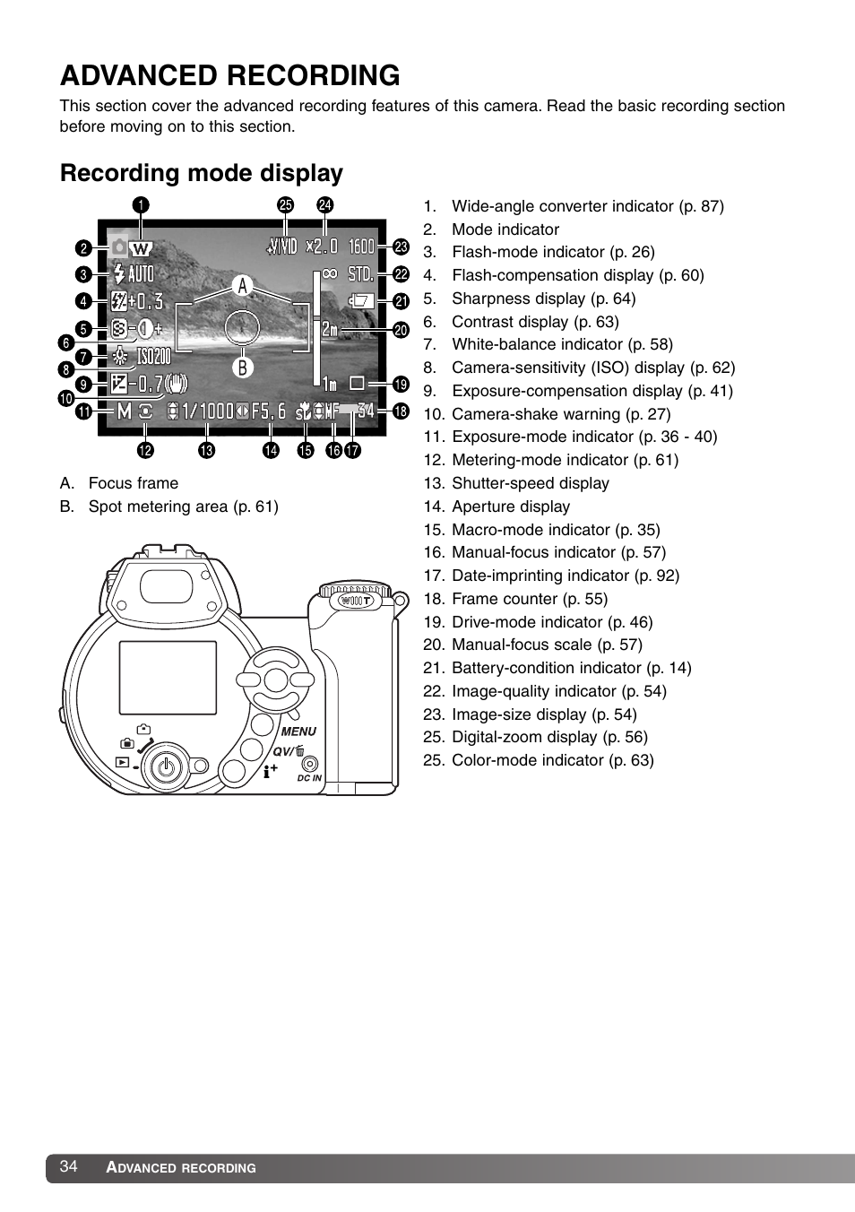 Advanced recording, Recording mode display | Konica Minolta DiMAGE Z1 User Manual | Page 34 / 116
