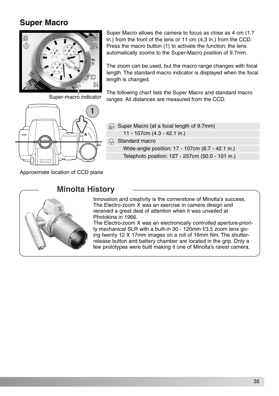 Super macro, Minolta history 1 | Konica Minolta DiMAGE Z1 User Manual | Page 35 / 116